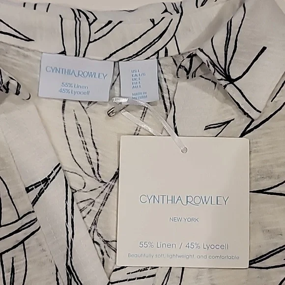 Cynthia Rowley Bamboo Leaf Print Three Quarter Sleeve Top Black Off White Large - Picture 4 of 9